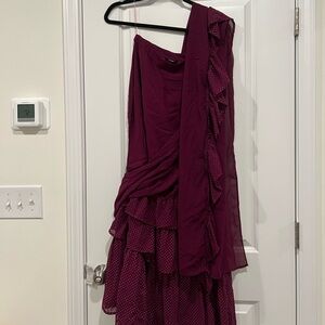 Wine Sequin Embroidered Crop Top and Mukaish Foil Ruffled Pre-Stitched Saree